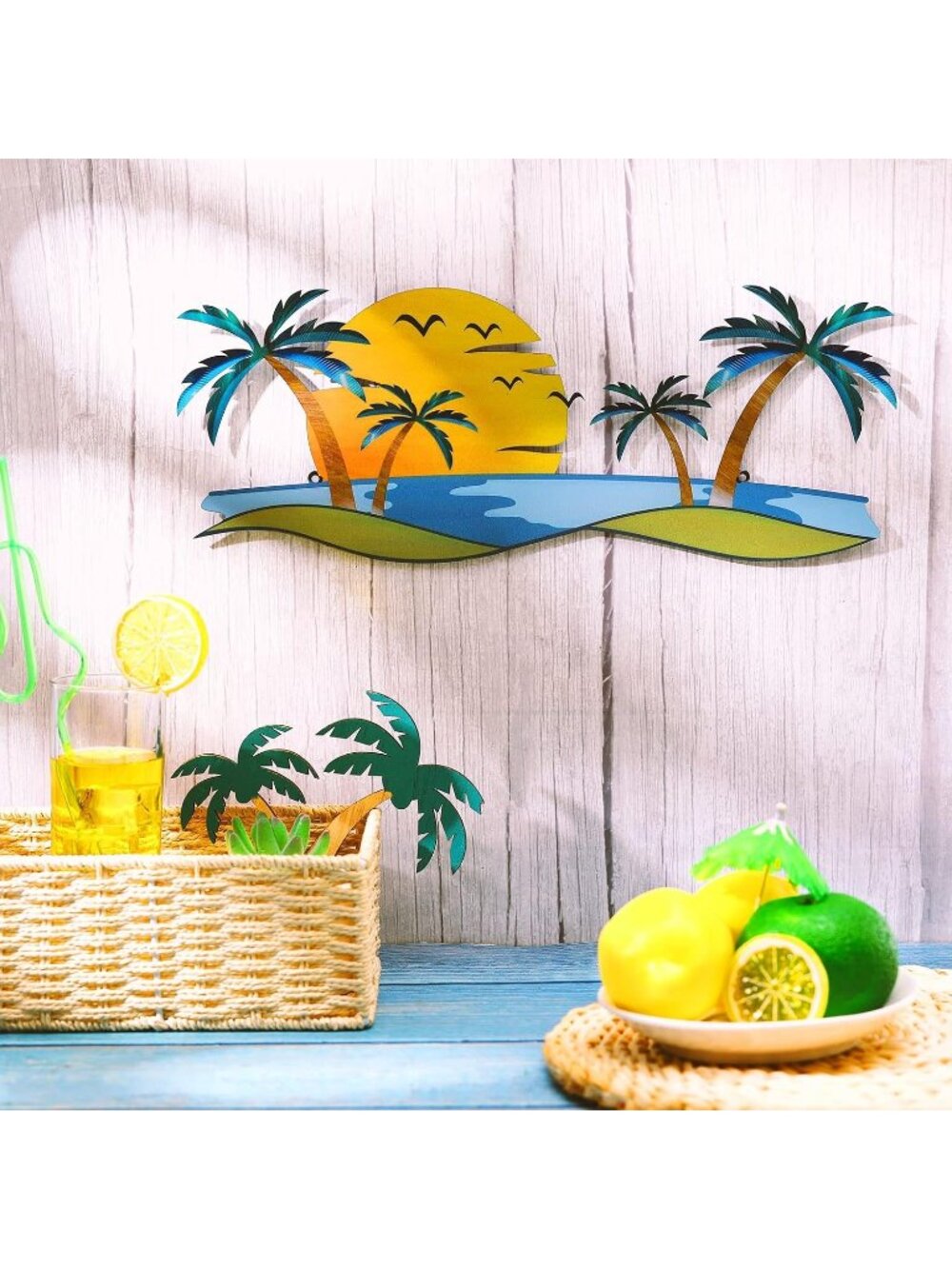New Palm Trees Sunset Metal Wall Art Tropical Beach Decor 15.75 x 5.91 in